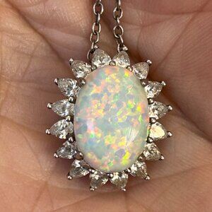 Oval Shaped Synthetic Opal Pendant with Chain